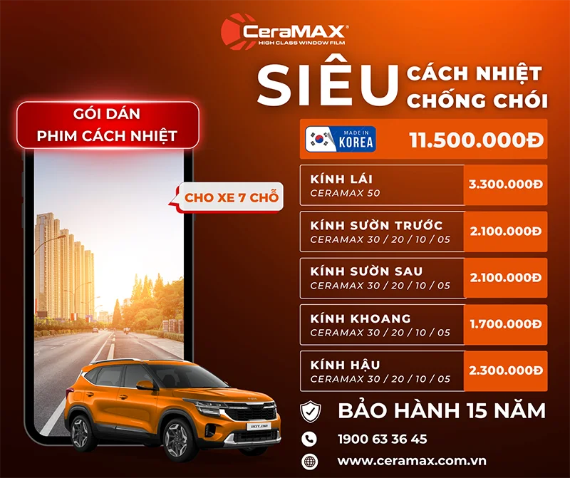 Bảng giá dán phim cách nhiệt ô tô CeraMAX xe 7 chỗ