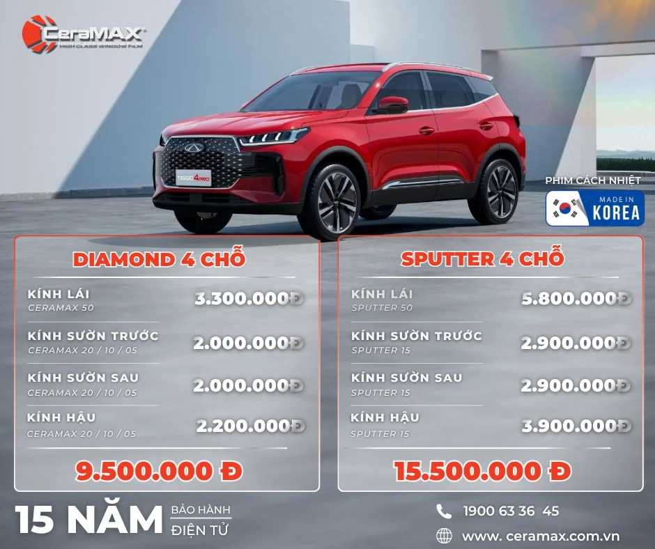 Bảng giá dán phim cách nhiệt CeraMAX cho xe 4 – 5 chỗ