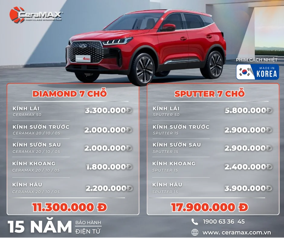 Bảng giá dán phim cách nhiệt CeraMAX cho xe 7 chỗ